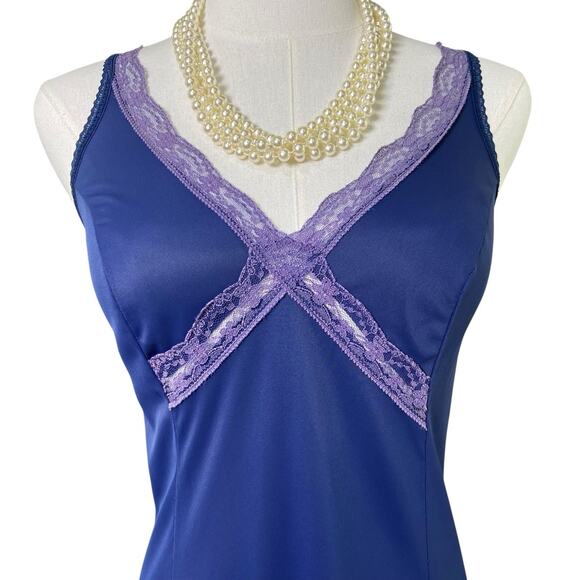 Vintage 1973 Navy Blue Nylon Purple Lace Trim Full Slip Dress Women's Size M - Picture 3 of 10